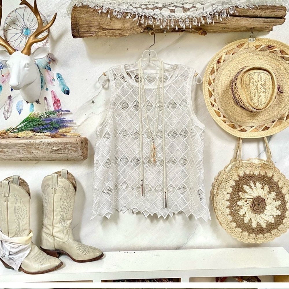 Trendy crochet/lace sheer boho blouse w prairie shabby chic beach vibe
